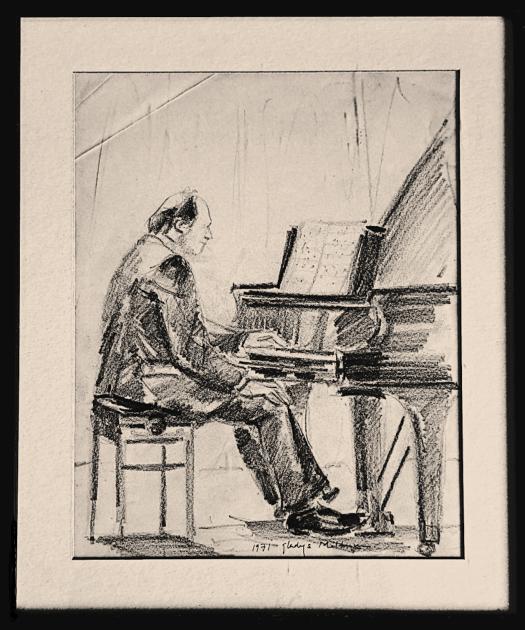 Drawing of Sebastian Benda playing Ravel piano concerto for the left hand by Gladys Maldaum 1971